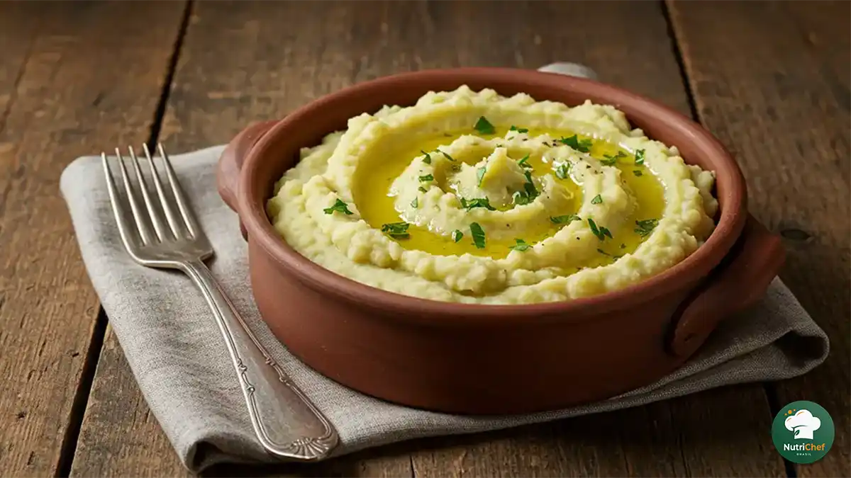 Receita vegana de purê de batata sem leite pronta na mesa