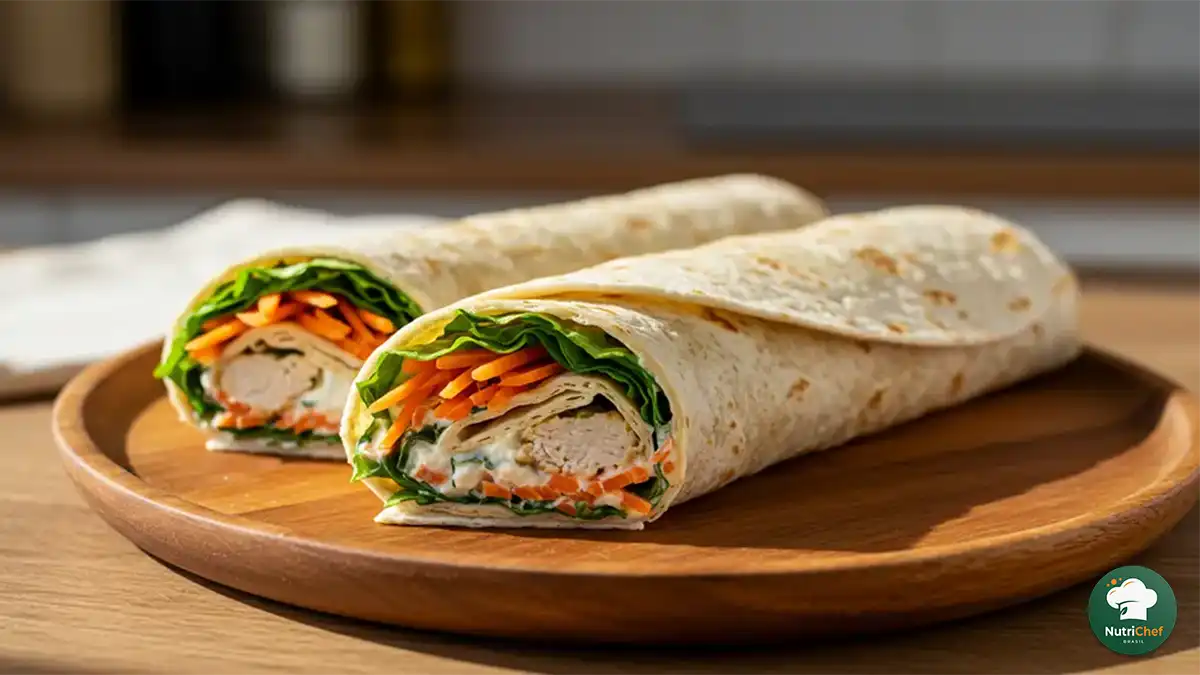 Close-up de wrap de frango com creme de ricota e vegetais frescos