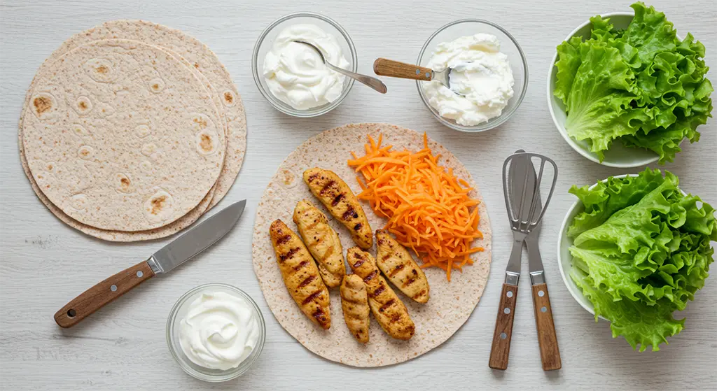 Flat lay dos ingredientes frescos para preparo de wrap de frango