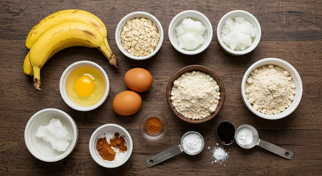 Ingredientes do bolo sem açúcar de banana e aveia