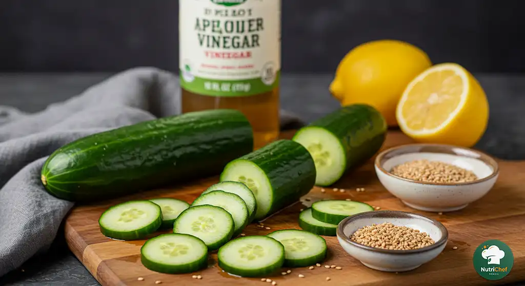 Uma tigela de salada de pepino fresca e vibrante, com fatias finas de pepino japonês ou persa, levemente temperadas e salpicadas com sementes de gergelim torradas. Ao fundo, limões frescos e uma garrafa de vinagre de maçã sugerem opções adicionais de sabor.