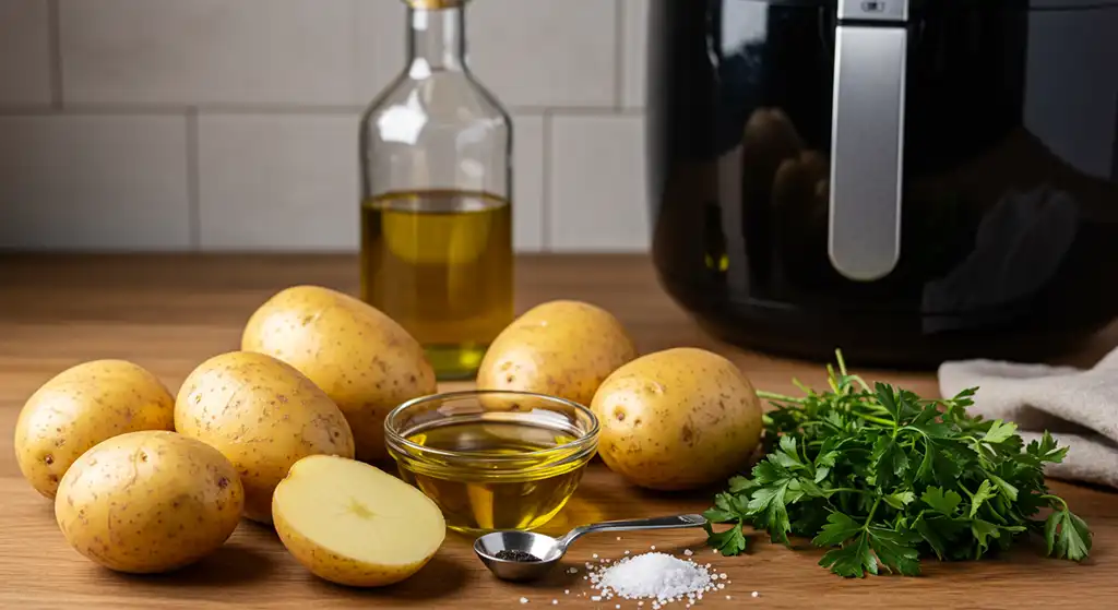 ingredientes da batata frita na air fryer em uma mesa de madeira