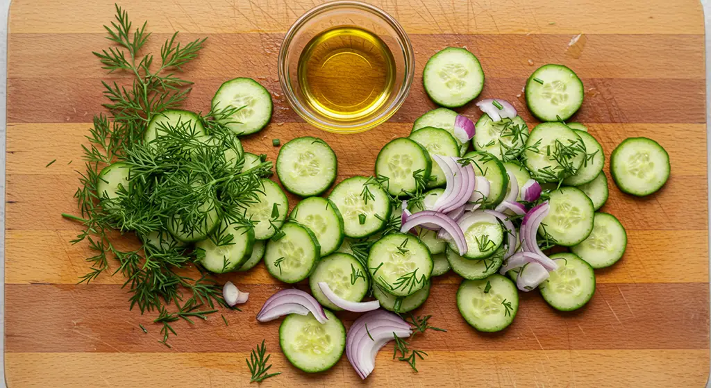 Ingredientes para Salada de Pepino em uma mesa