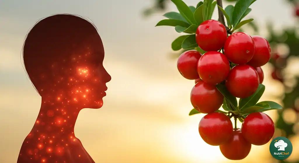 Acerola e silhueta humana mostrando benefícios terapêuticos