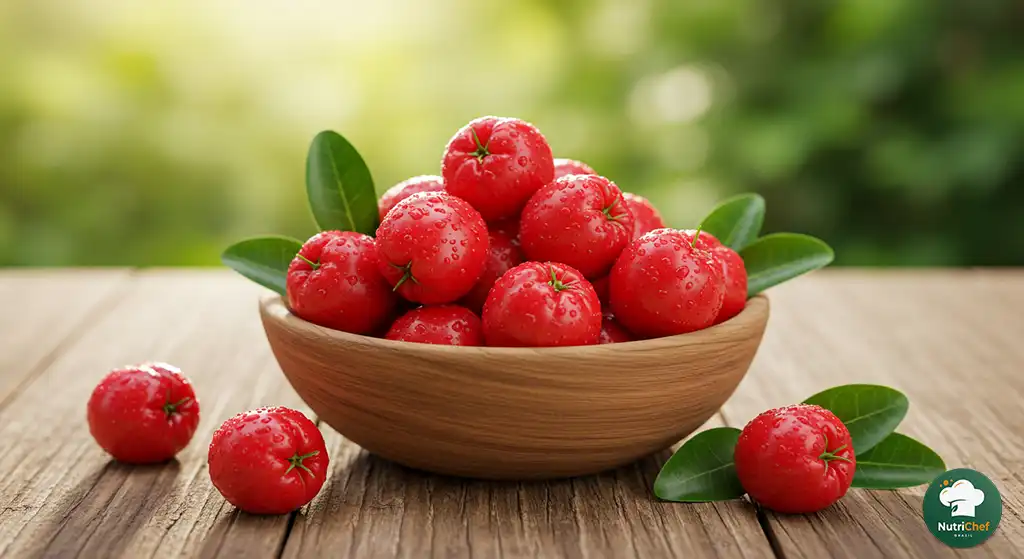 Acerola fresca em tigela de madeira com fundo rústico