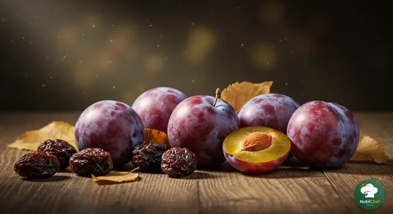 Ameixas frescas e secas organizadas em mesa rústica com folhas e luz natural
