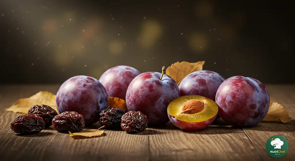 Ameixas frescas e secas organizadas em mesa rústica com folhas e luz natural
