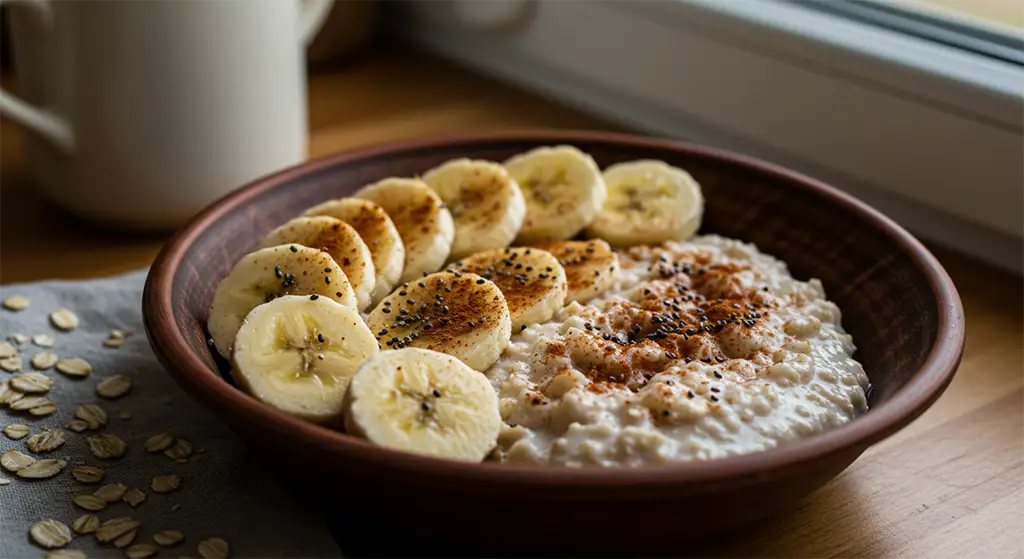 ingredientes do café da manhã saudável com banana e aveia em uma mesa