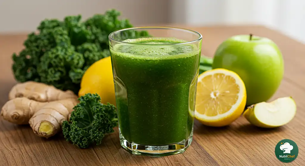 Copo de suco detox pronto ao lado de frutas e vegetais crus, ideal para quem busca receitas suco detox funcionais