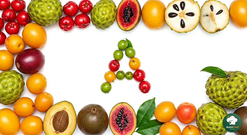 Exemplos de frutas com a letra A em destaque visual: abacaxi, ameixa, açaí, abacate e acerola