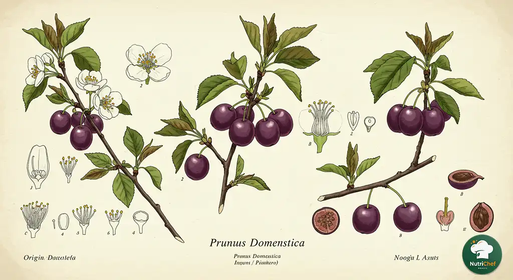 IRepresentação botânica da ameixa europeia (Prunus domestica), fruta rica em fibras e antioxidantes naturais