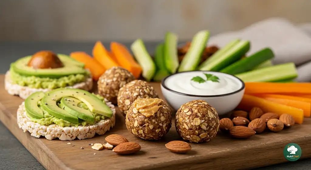 Snacks saudáveis servidos em prato de madeira com nozes e legumes