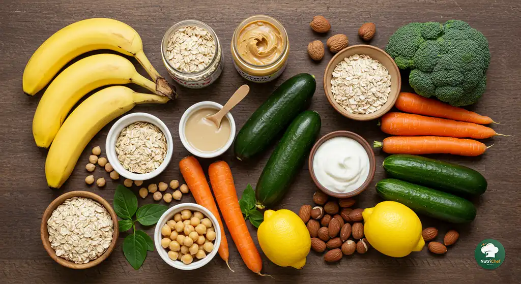 Ingredientes de Snacks saudáveis em uma uma mesa de madeira com nozes legumes e outros...