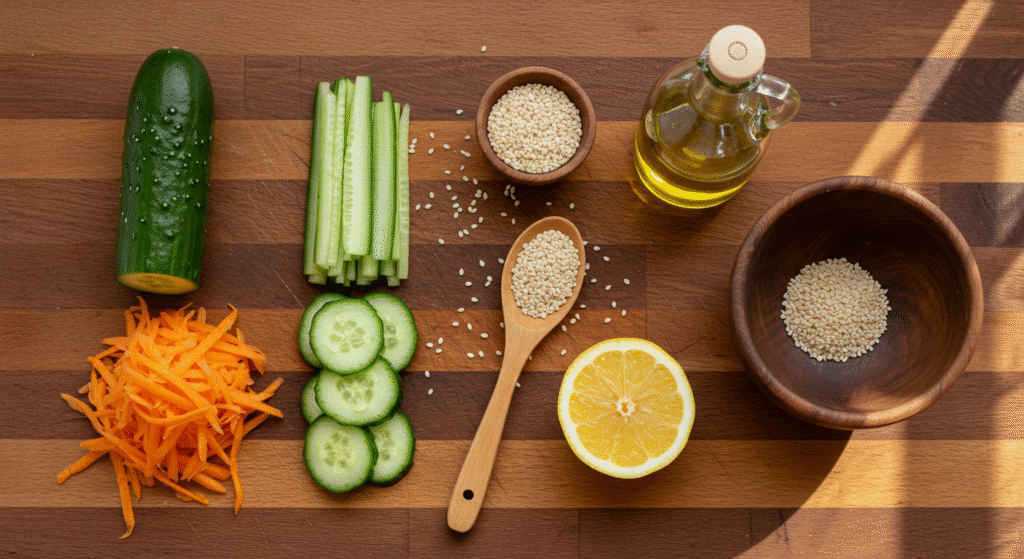 Ingredientes da salada de pepino com cenoura pepino fatiado, cenoura ralada, gergelim, limão e azeite