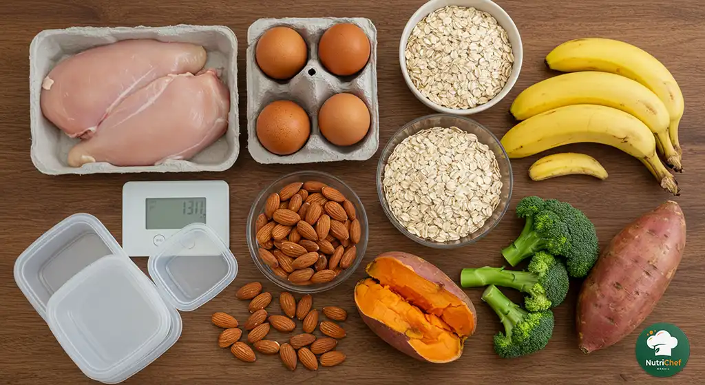 ingredientes para dieta para ganho de massa: ovos, aveia, banana, castanhas