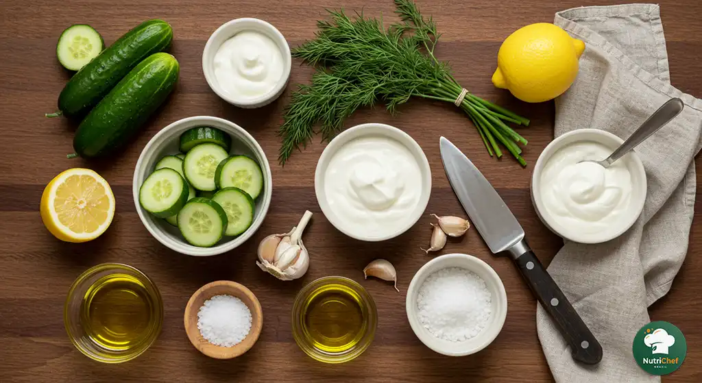 Ingredientes dispostos para fazer salada de pepino com iogurtesobre mesa de madeira pepino, iogurte, dill, alho e limão