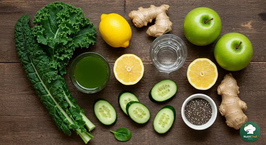 Ingredientes frescos usados em receitas suco detox, como couve, limão e gengibre, sobre mesa de madeira.
