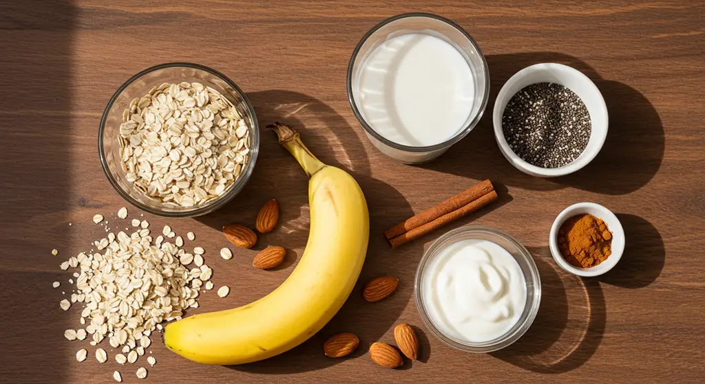 ingredientes do café da manhã saudável com banana e aveia em uma mesa