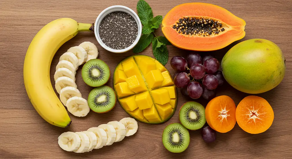Ingredientes para salada de frutas saudável organizados sobre a mesa