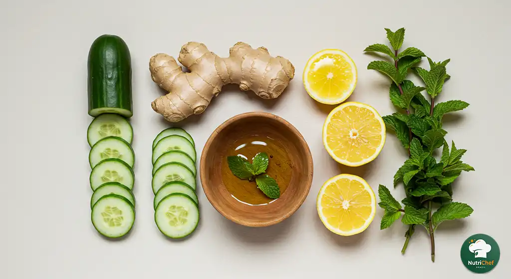 Ingredientes para salada de pepino com gengibre e limão dispostos em fundo claro copy
