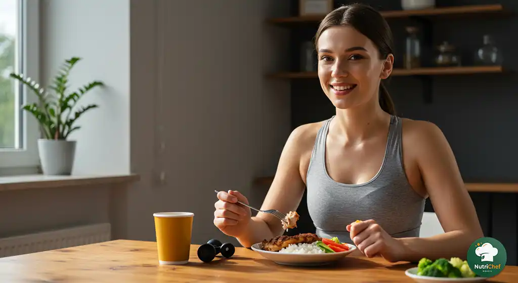 Jovem atleta degustando refeição da dieta para ganho de massa com arroz, frango e legumes, transmitindo satisfação e foco pós-treino