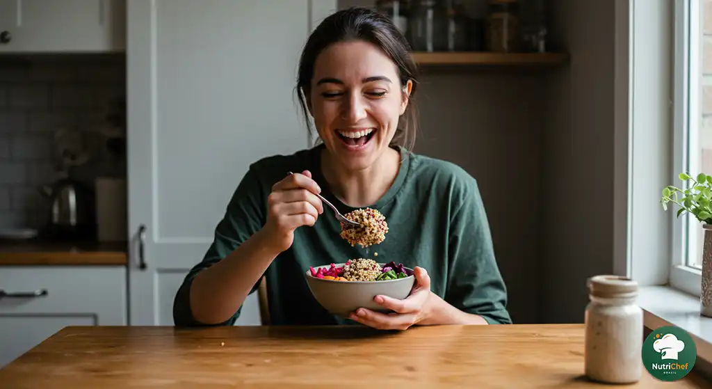 Pessoa feliz comendo refeição usando a dieta para gordura no fígado