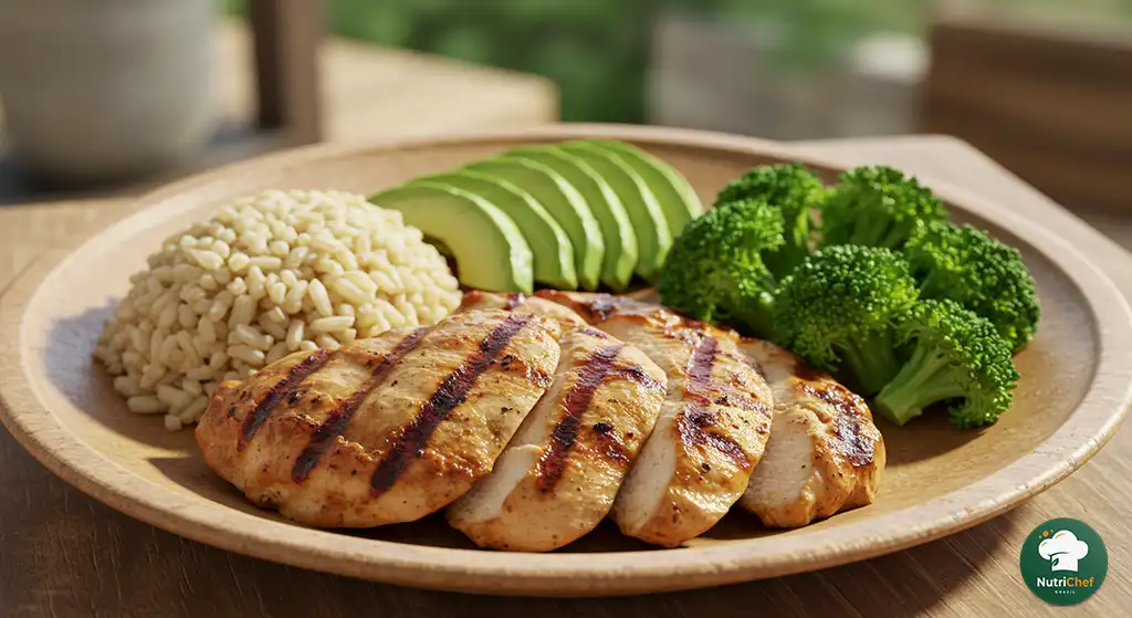 dieta para ganho de massa com arroz integral, frango e brócolis