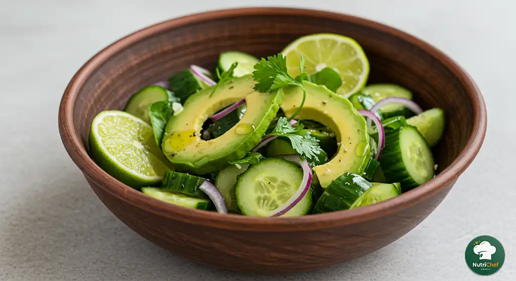 Salada de pepino com abacate servida com limão, cebola e ervas copy