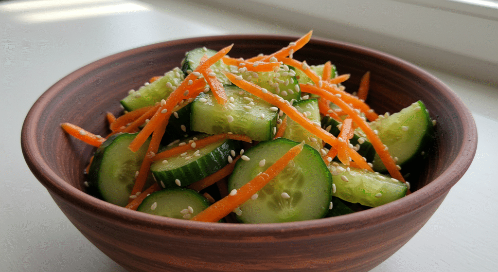 Salada de pepino com cenoura servida com gergelim em tigela rústica, fresca e crocante