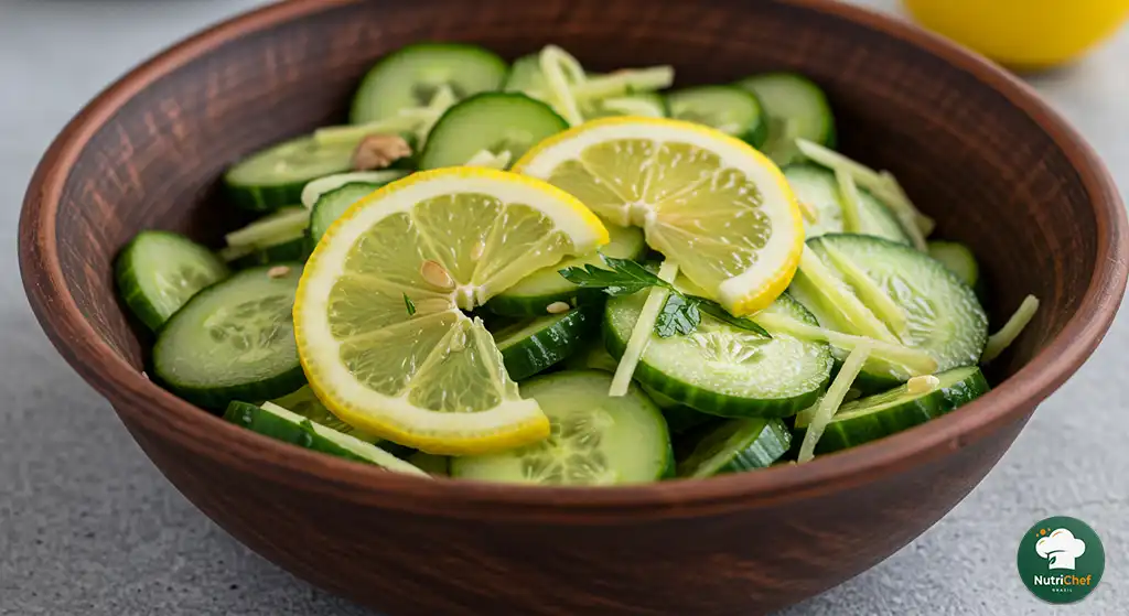 Salada de pepino com gengibre e limão pronta para servir, em bowl rústico copy