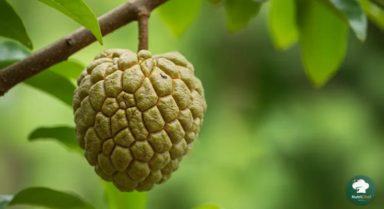 Araticum pendurado no galho, com casca rugosa e folhas verdes ao fundo