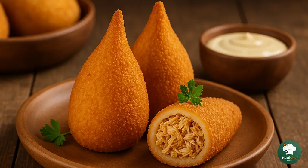 Coxinha fit assada com massa de batata-doce servida em prato rústico