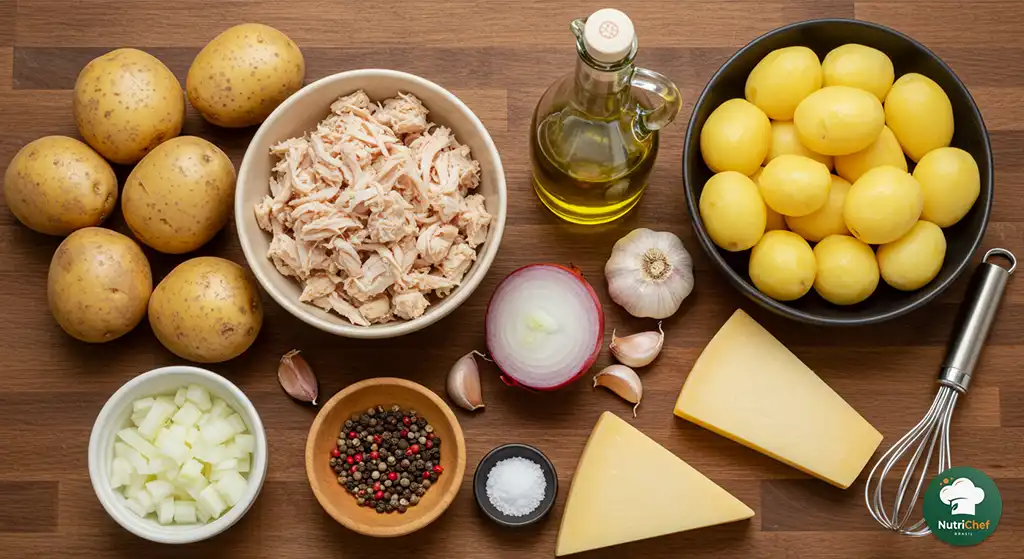 Ingredientes crus para receita com batata e frango desfiado