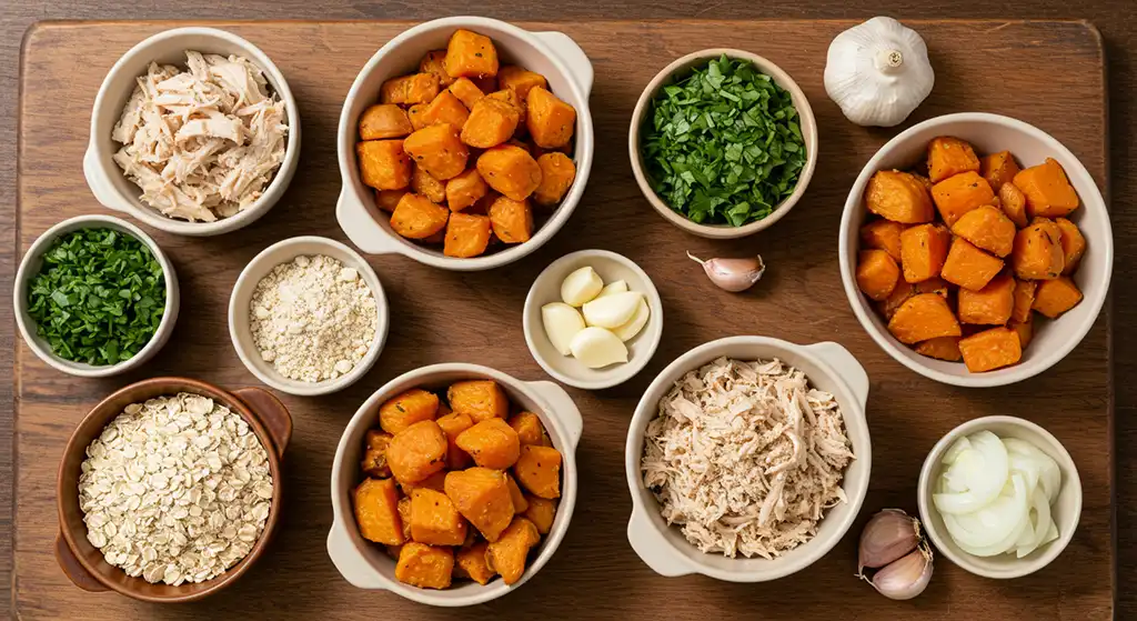 Ingredientes para coxinha fit: batata-doce, frango, temperos e farinha