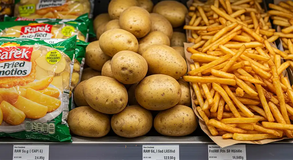 comparação entre batata fresca, congelada e frita