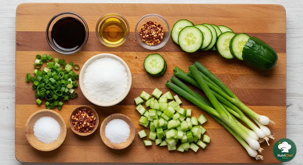 ingredientes da salada de pepino agridoce dispostos em tábua - pepino vinagre, gergelim e cebolinha