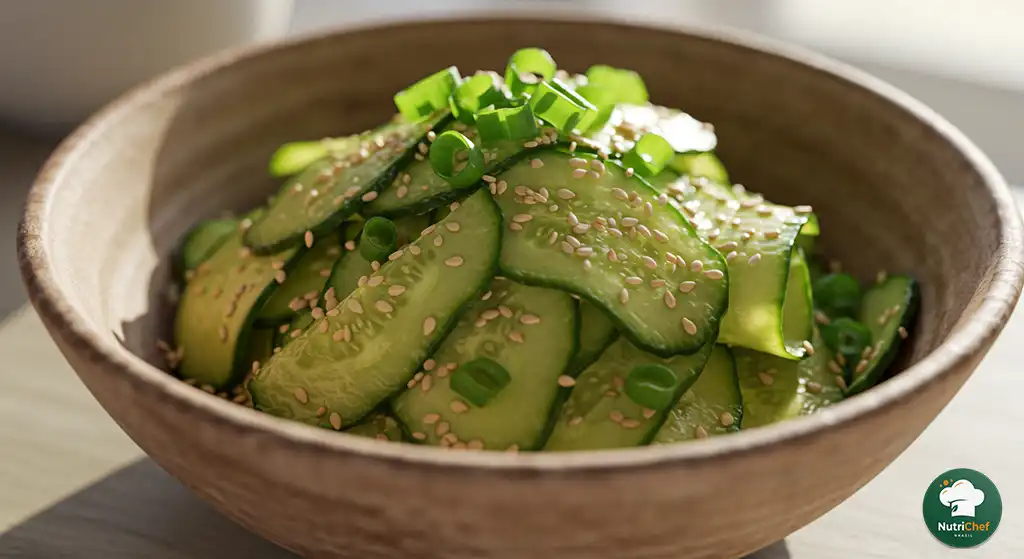 salada de pepino agridoce oriental servida em tigela rústica com gergelim e cebolinha