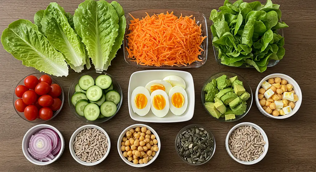 vários ingredientes para saladas de alfaces em um mesa de madeira