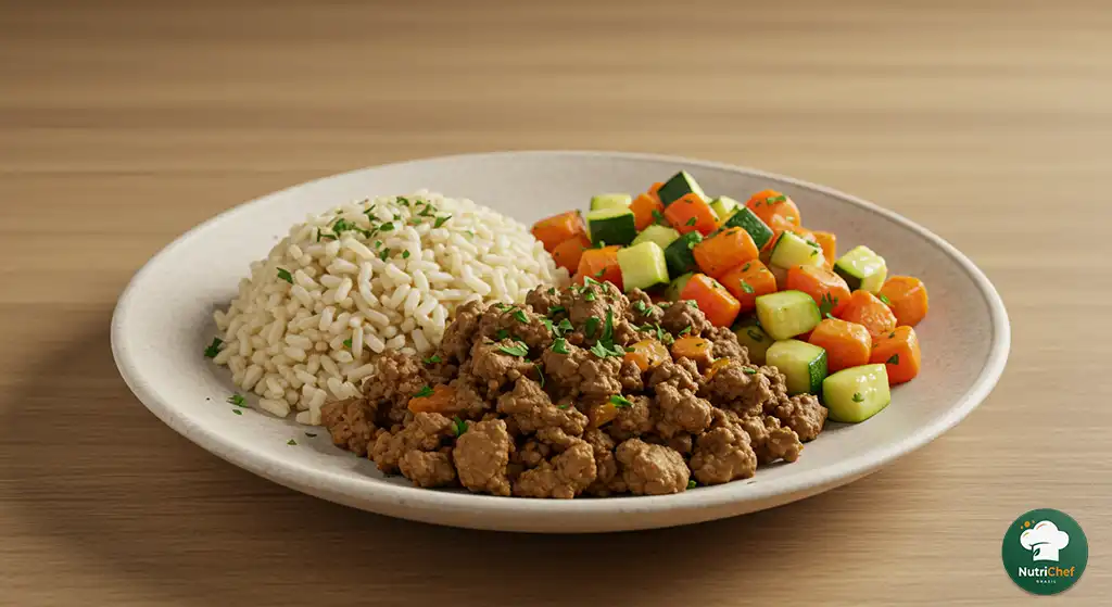 Prato com arroz integral, carne magra e legumes — ideal para dieta para hipertrofia