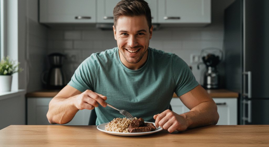 Pessoa feliz consumindo refeição para hipertrofia muscular, ambiente fitness e leve