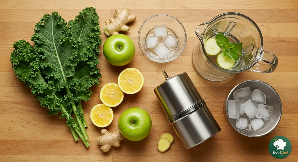 Ingredientes para suco detox com couve, limão, maçã e gengibre em vista superior