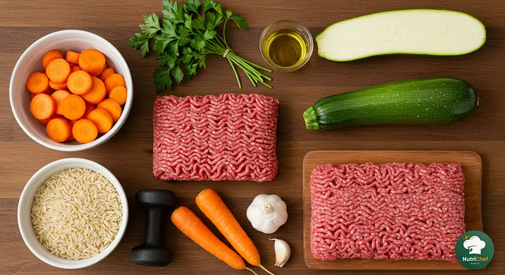 Ingredientes crus para receita de dieta para hipertrofia: arroz integral, carne, legumes