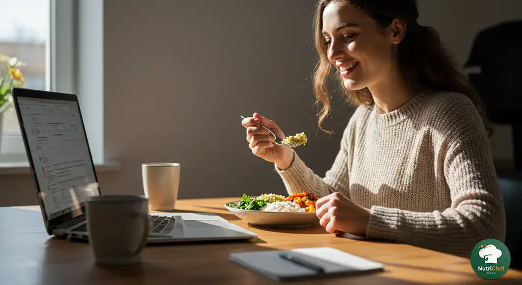 Pessoa comendo almoço leve e nutritivo durante o trabalho
