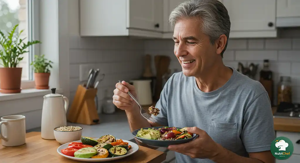 Pessoa feliz saboreando uma refeição da Dieta para Diabético com vegetais e proteínas leves, em ambiente acolhedor
