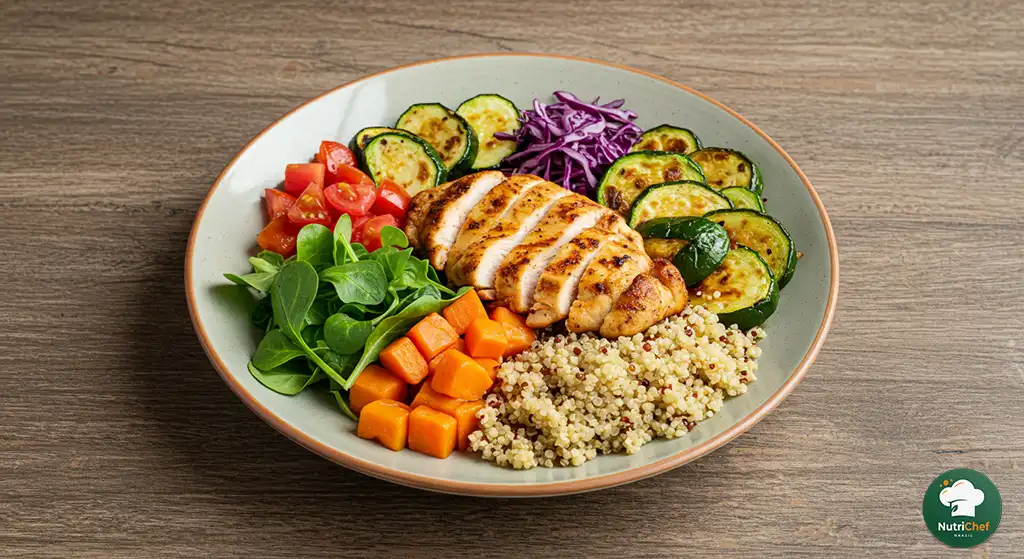 Almoço leve e nutritivo com frango grelhado, vegetais e quinoa em prato rústico