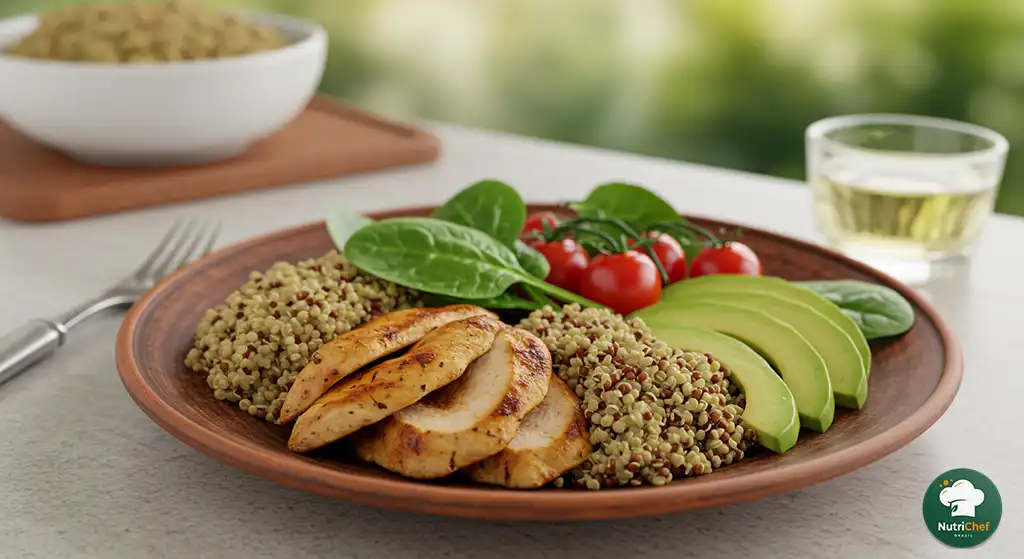 Refeição colorida e saudável da Dieta para Diabético com proteínas magras, vegetais e grãos integrais sobre mesa rústica