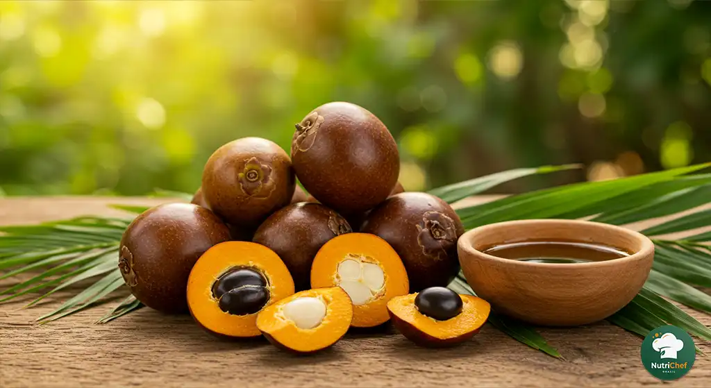Frutos de babaçu com óleo e folhas verdes sobre mesa rústica