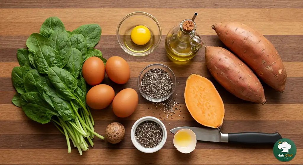 Ingredientes naturais da Dieta para Diabético,dispostos em flat lay: abacate, ovos, folhas verdes, azeite e chia