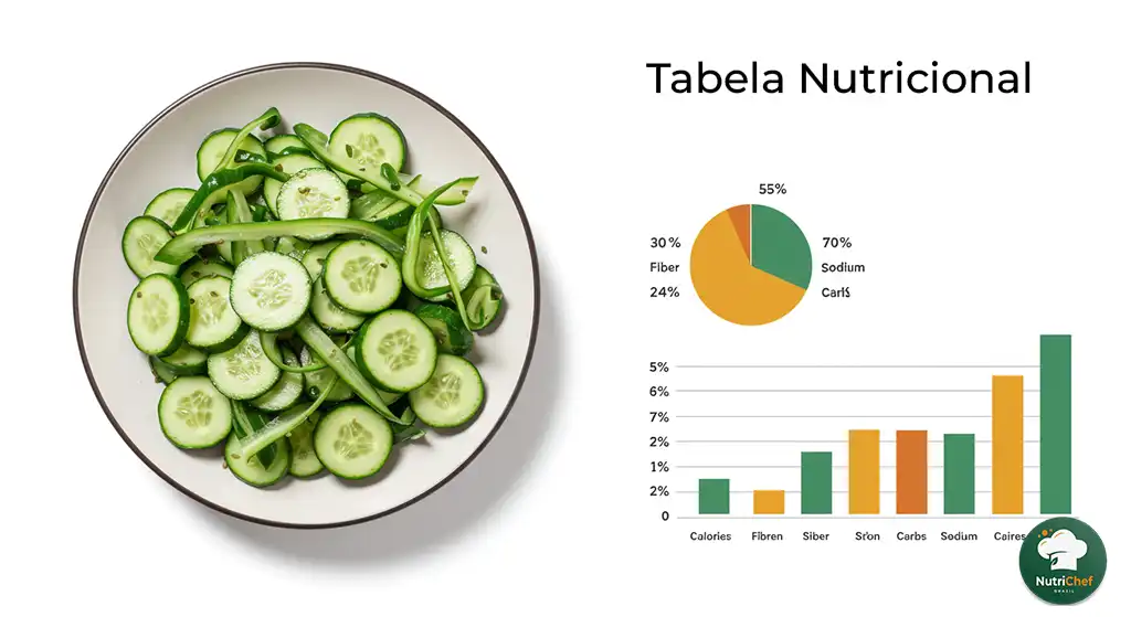 informações nutricionais visuais da salada de pepino: calorias, fibras e sódio representados em gráfico moderno e colorido