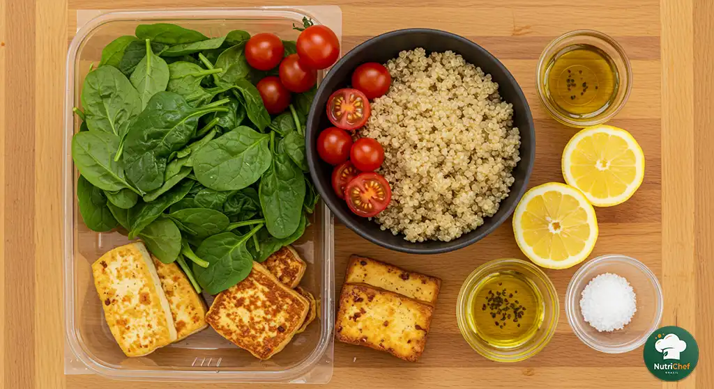 Ingredientes para um almoço leve e nutritivo com vegetais, tofu e azeite